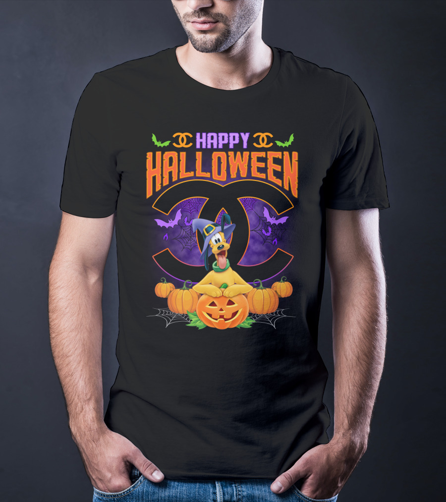 Happy Halloween Pluto Pumpkins Bat Symbols And Spider Webs T-Shirt
