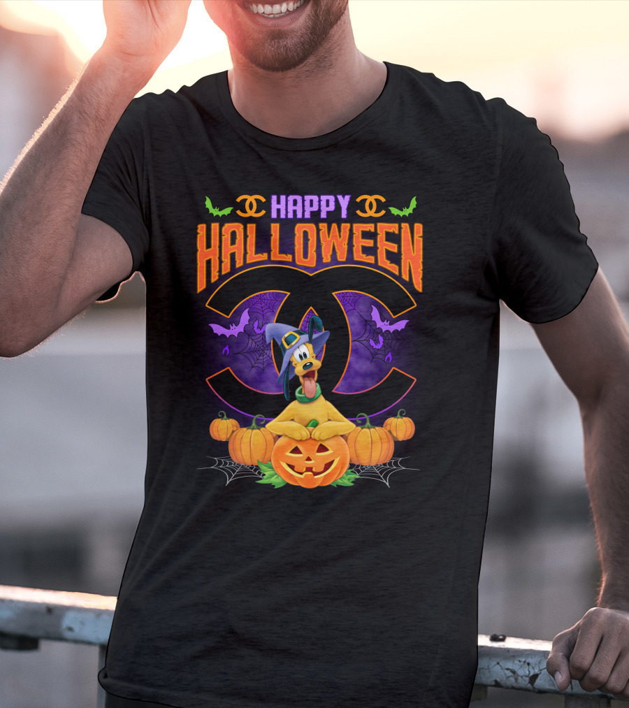 Happy Halloween Pluto Pumpkins Bat Symbols And Spider Webs T-Shirt