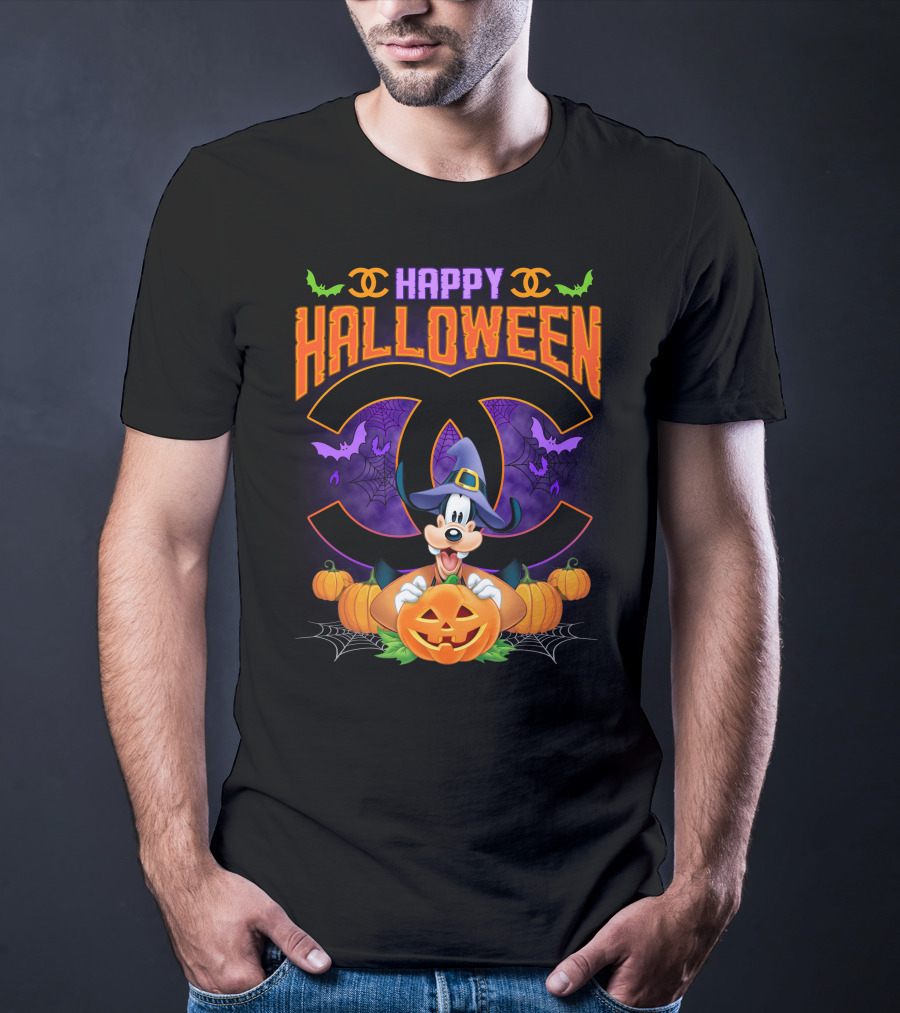 Goofy Happy Halloween Bat Pumpkin Witch Hat Spiderwebs Coco Chanel T-Shirt