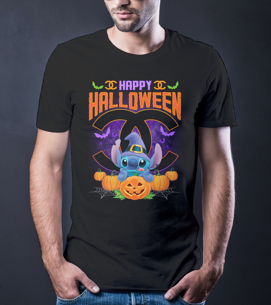 Stitch Happy Halloween Pumpkins And Bats T-Shirt