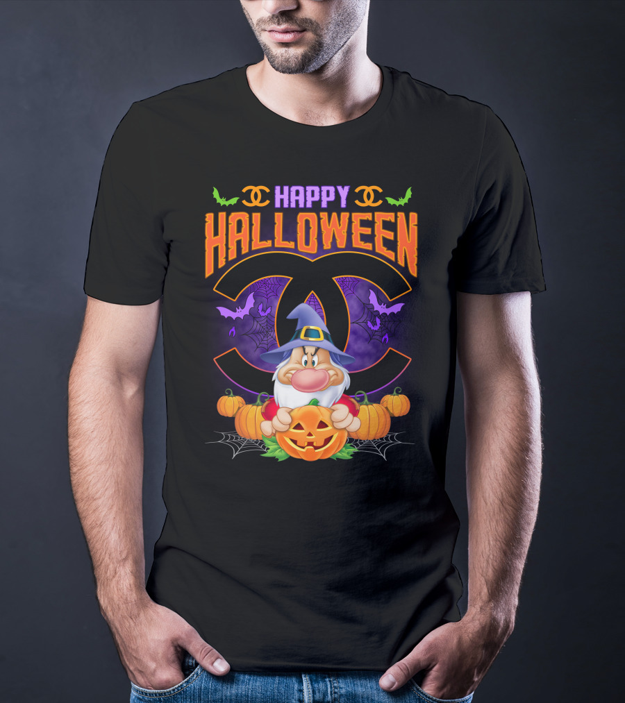 Happy Halloween Grumpy Dwarf With Pumpkins And Bat Accents On Chanel Logo Backdrop T-Shirt