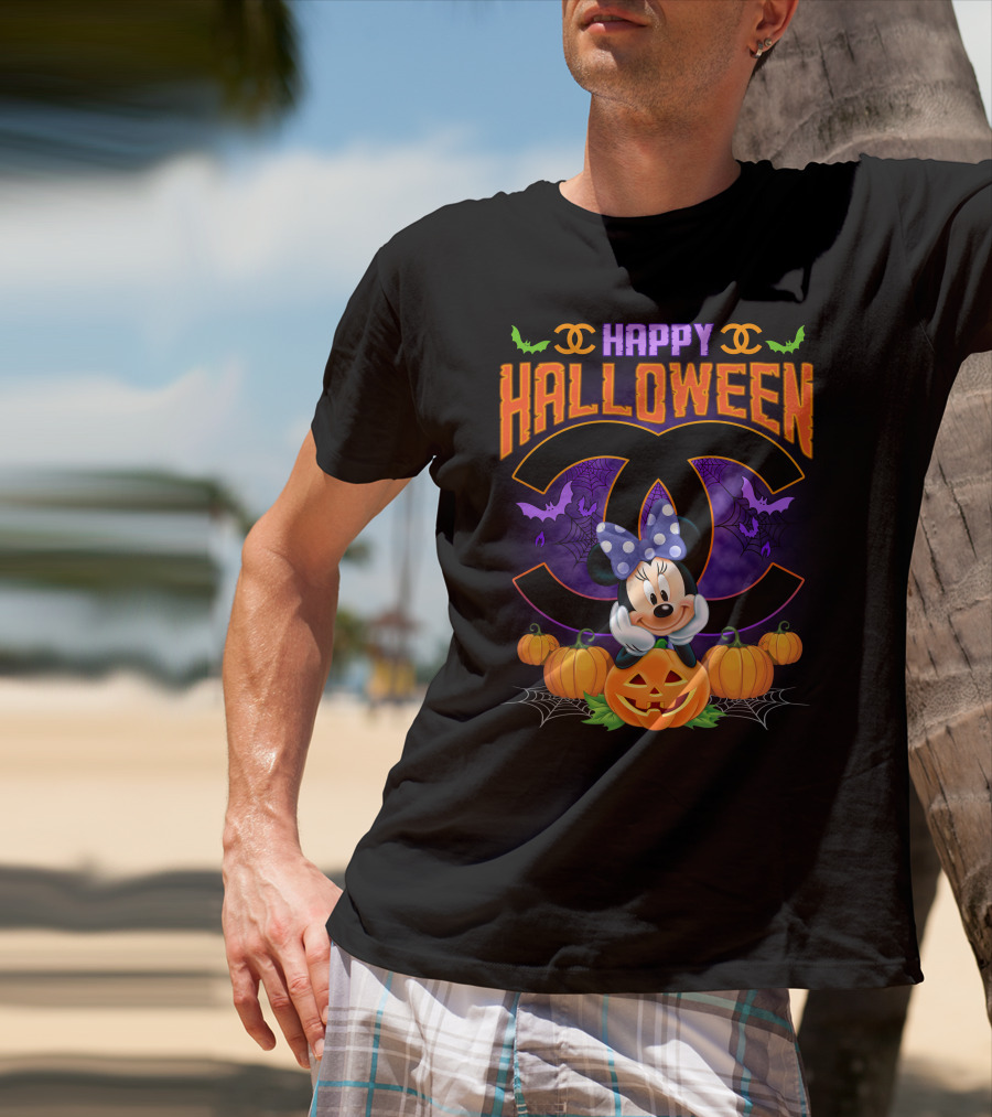 Minnie Happy Halloween Pumpkins Bat Spiderwebs Bow T-Shirt