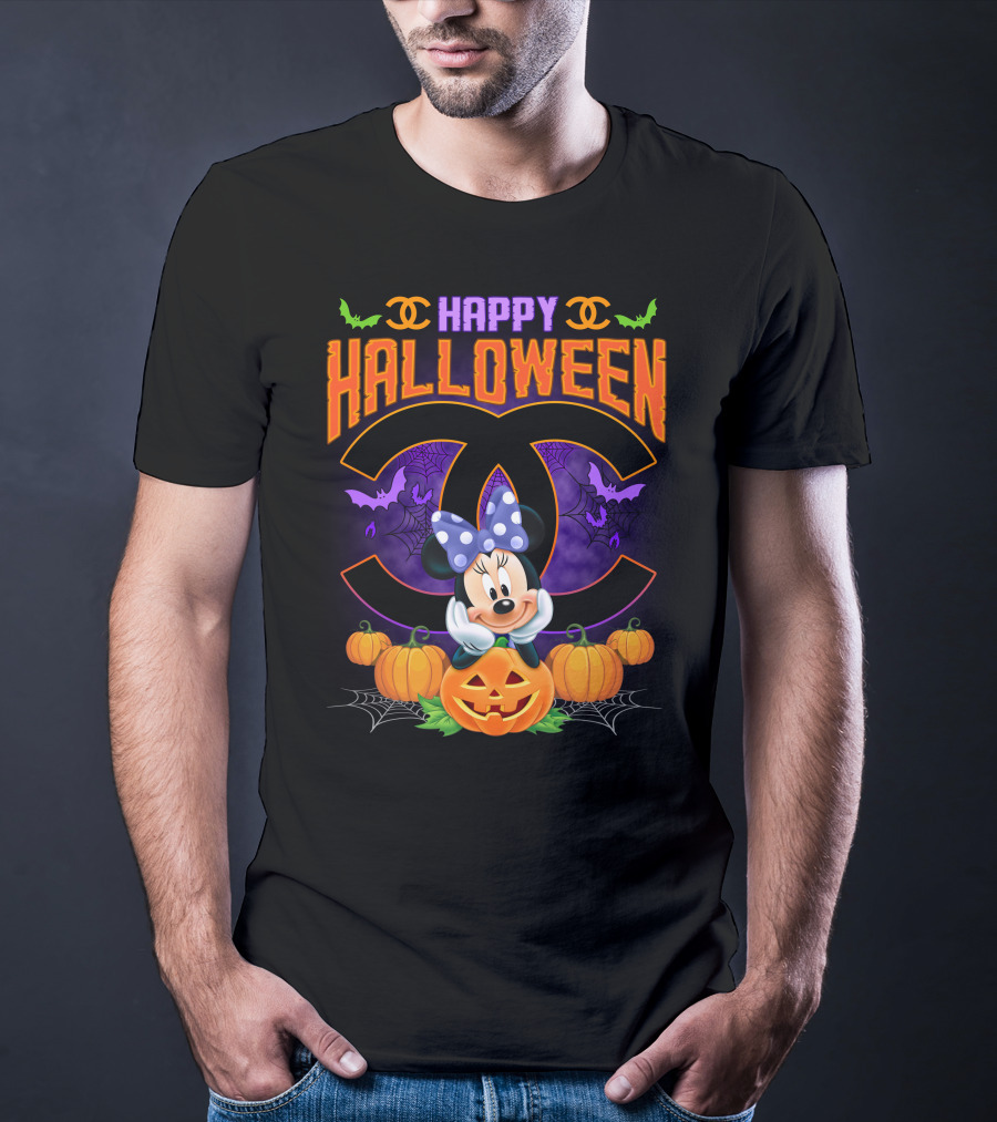 Minnie Happy Halloween Pumpkins Bat Spiderwebs Bow T-Shirt