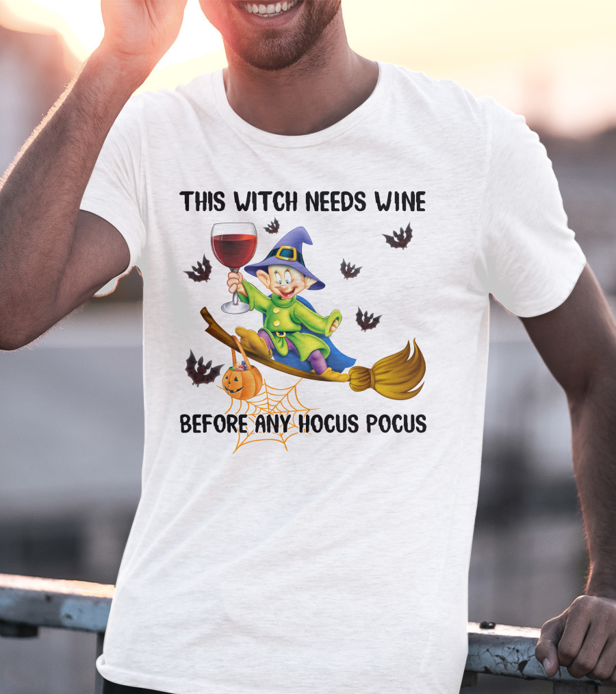 This Witch Needs Wine Before Any Hocus Pocus Dopey Halloween Bats Pumpkin T-Shirt