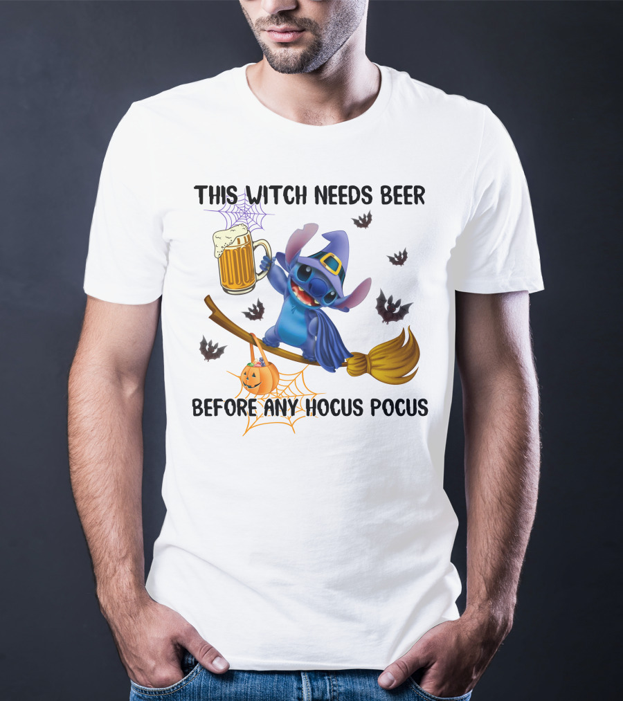 This Witch Needs Beer Before Any Hocus Pocus Stitch Broom Pumpkin Bats T-Shirt