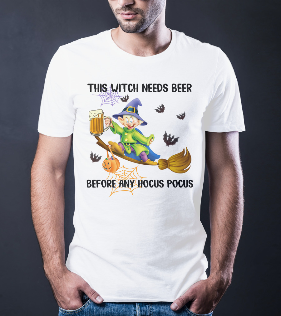 This Witch Needs Beer Before Any Hocus Pocus Dopey Character Broomstick Halloween Bats Spiders T-Shirt
