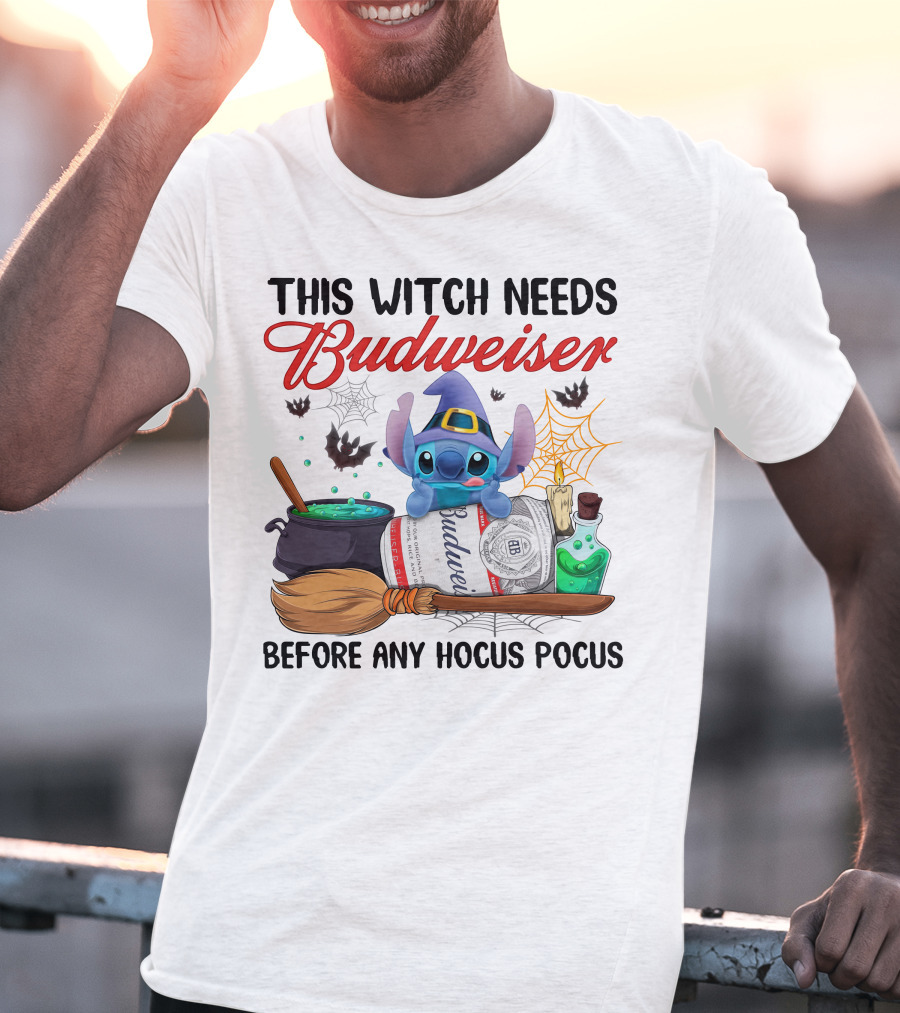 This Witch Needs Budweiser Before Any Hocus Pocus Stitch T-Shirt