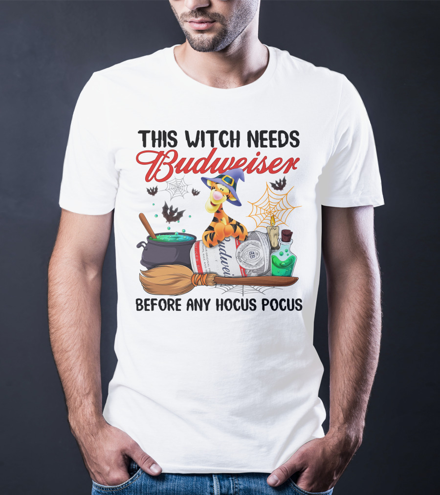 This Witch Needs Budweiser Before Any Hocus Pocus Tigger Halloween Fiesta T-Shirt