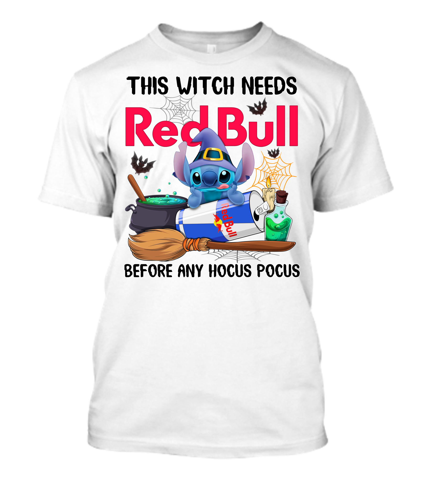 This Witch Needs Red Bull Before Any Hocus Pocus Stitch Wearing Witch Hat With Red Bull Can Cauldron And Spell Book T-Shirt