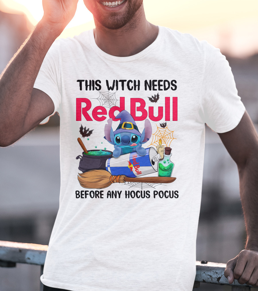 This Witch Needs Red Bull Before Any Hocus Pocus Stitch Wearing Witch Hat With Red Bull Can Cauldron And Spell Book T-Shirt