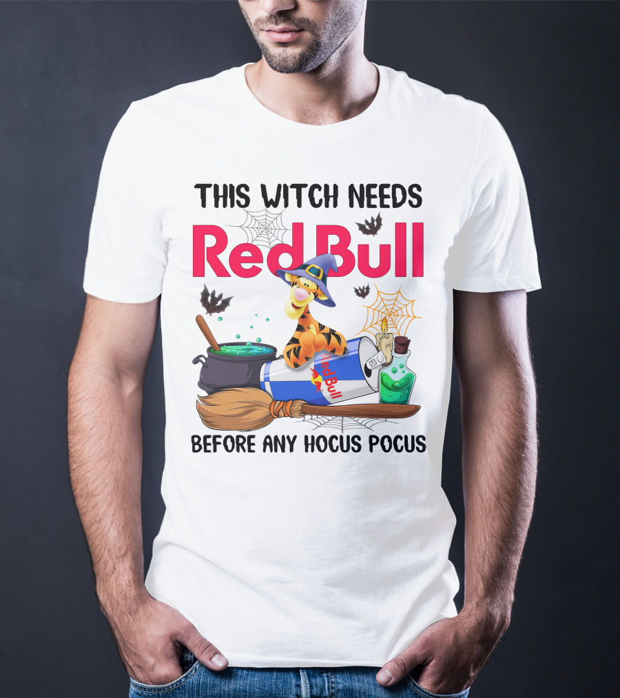 This Witch Needs Red Bull Before Any Hocus Pocus Tigger With Witch Hat And Red Bull Can T-Shirt
