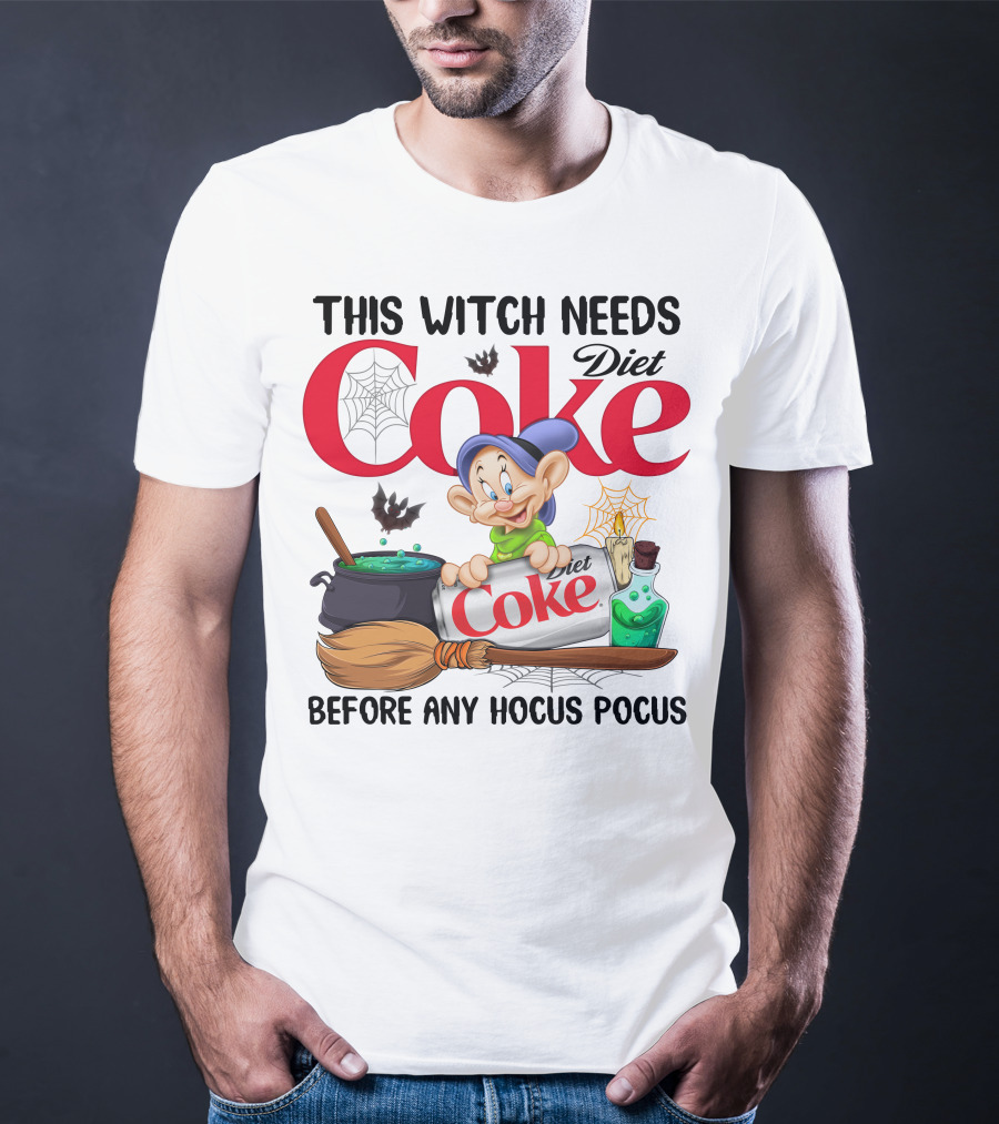 This Witch Needs Diet Coke Before Any Hocus Pocus Dopey Cauldron Broom T-Shirt