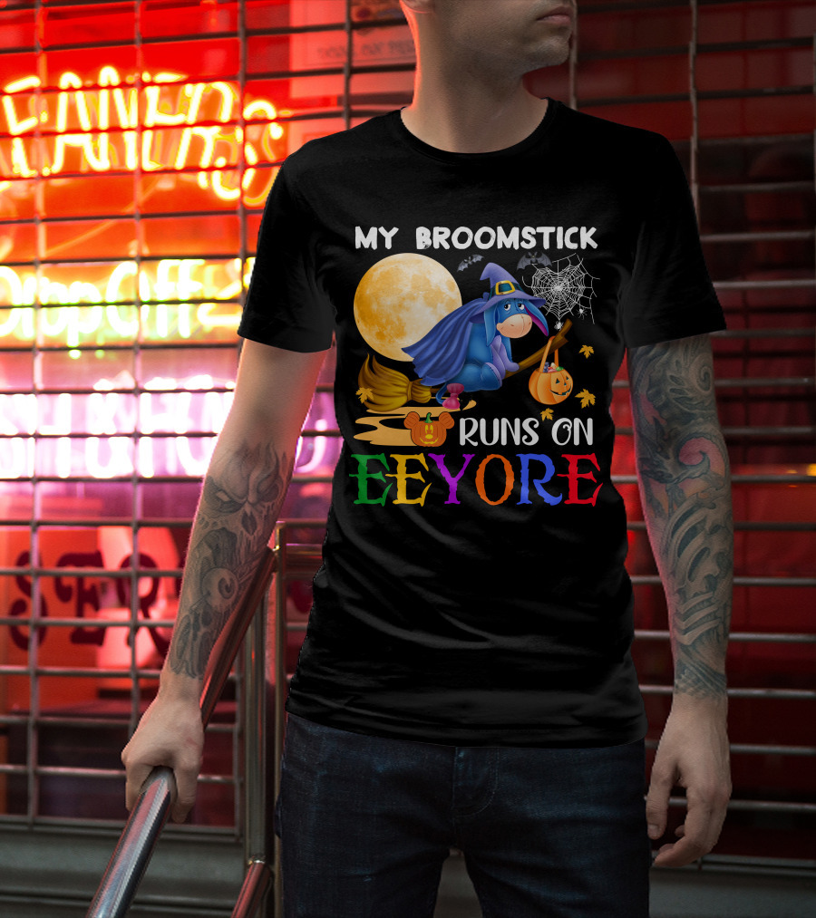 My Broomstick Runs On Eeyore Halloween Moon Bat Pumpkin T-Shirt