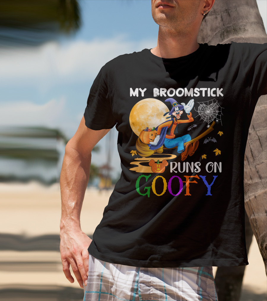 My Broomstick Runs On Goofy Halloween Moon Pumpkin Spiderweb T-Shirt