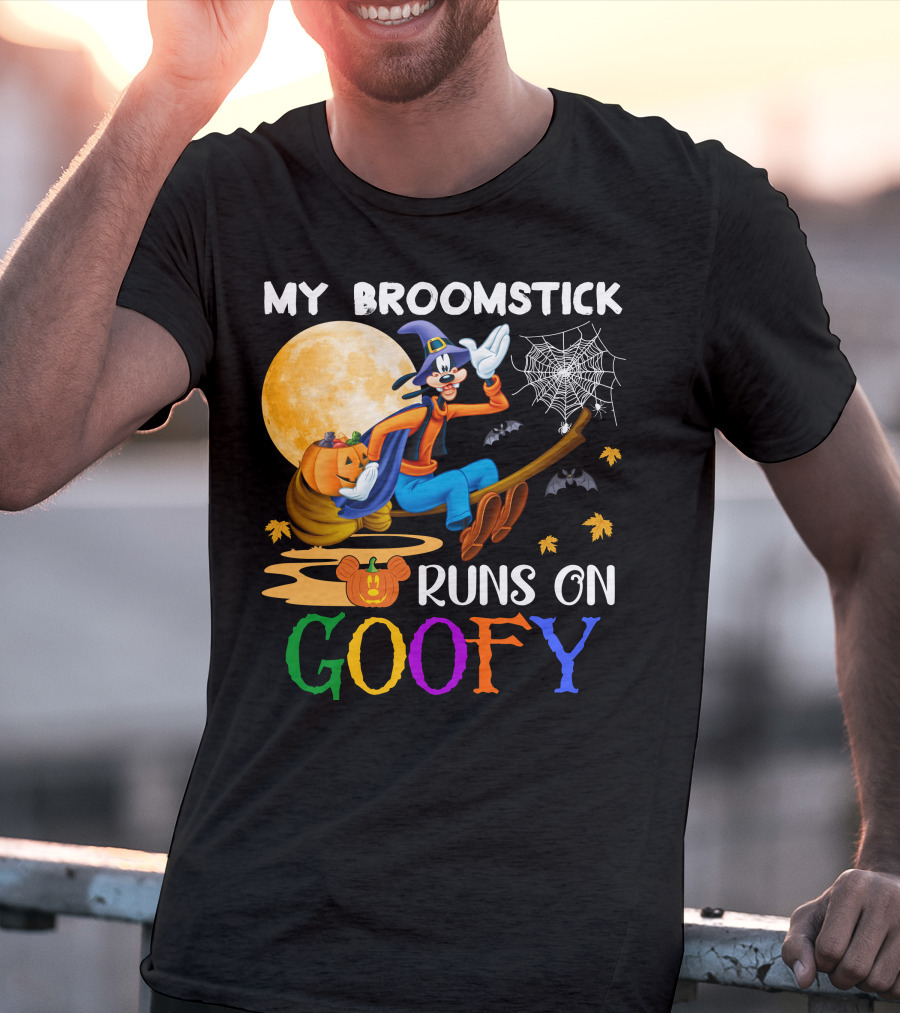 My Broomstick Runs On Goofy Halloween Moon Pumpkin Spiderweb T-Shirt