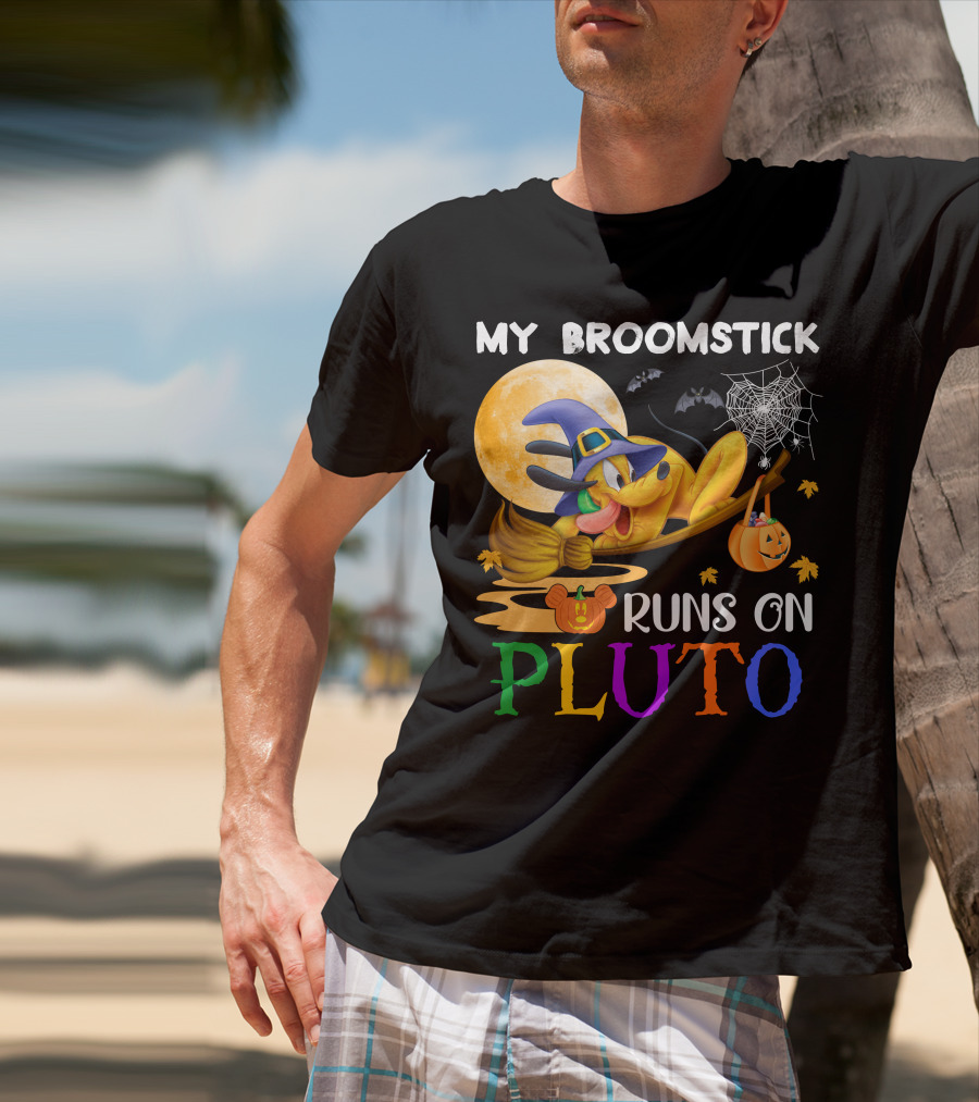 My Broomstick Runs On Pluto Halloween Moon Bats Spider Web Pumpkin T-Shirt