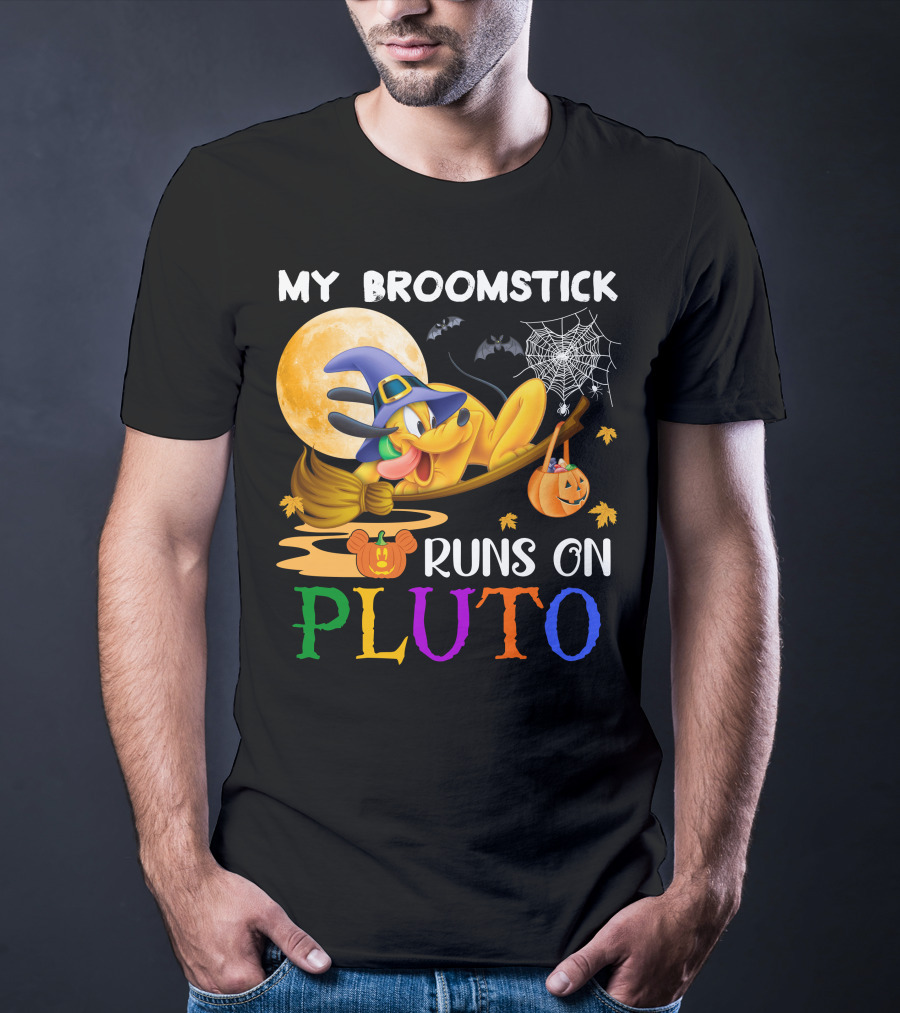 My Broomstick Runs On Pluto Halloween Moon Bats Spider Web Pumpkin T-Shirt
