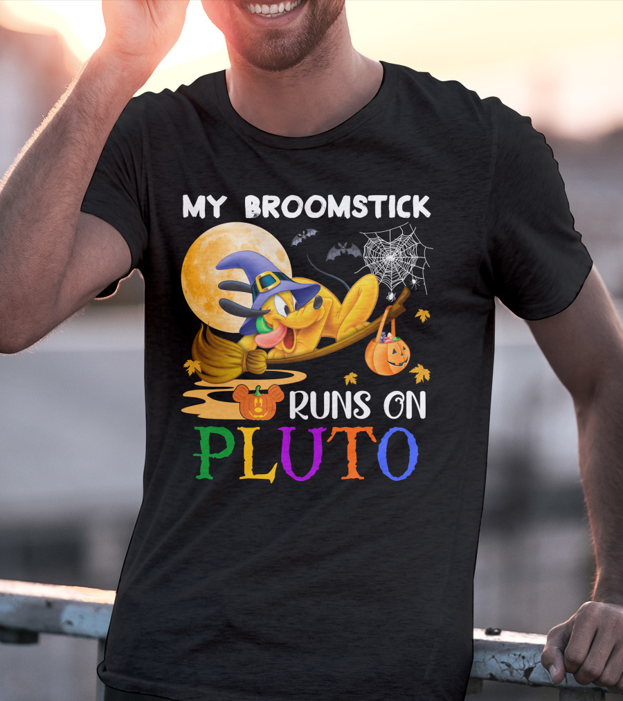 My Broomstick Runs On Pluto Halloween Moon Bats Spider Web Pumpkin T-Shirt