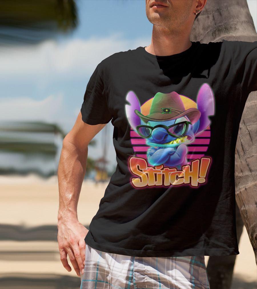 Stitch Neon Cowboy Style With Sunglasses And Retro Sunset T-Shirt