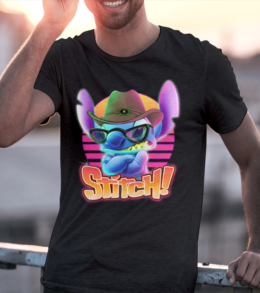 Stitch Neon Cowboy Style With Sunglasses And Retro Sunset T-Shirt