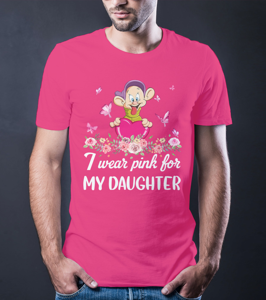 I Wear Pink For My Daughter Dopey Holding Heart With Butterflies And Flowers T-Shirt