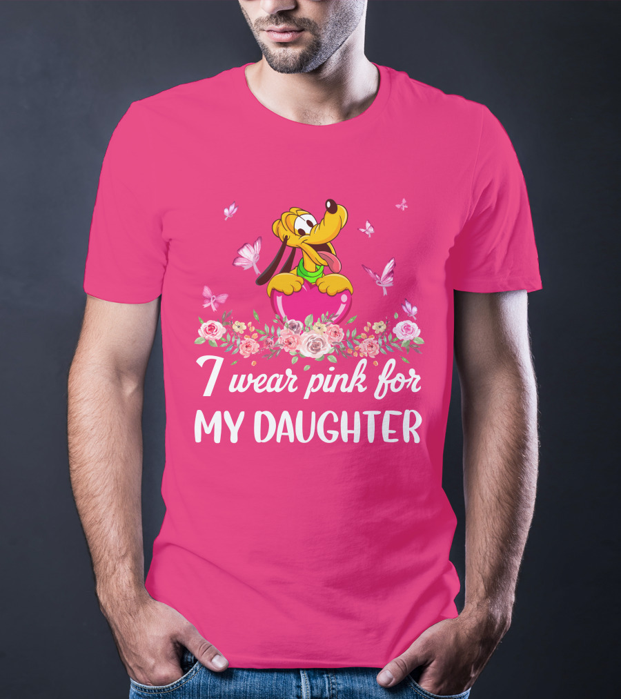 I Wear Pink For My Daughter Pluto Disney Floral Butterflies T-Shirt