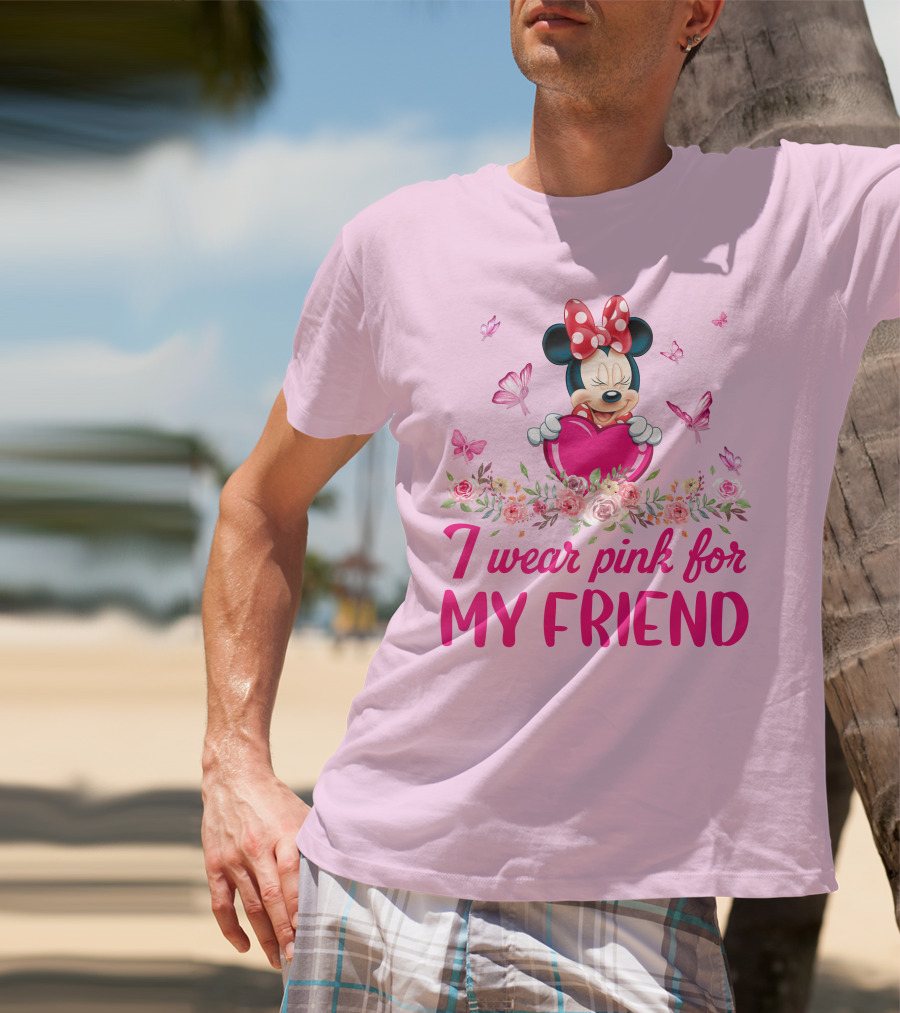 Minnie I Wear Pink For My Friend Floral Heart Butterflies T-Shirt