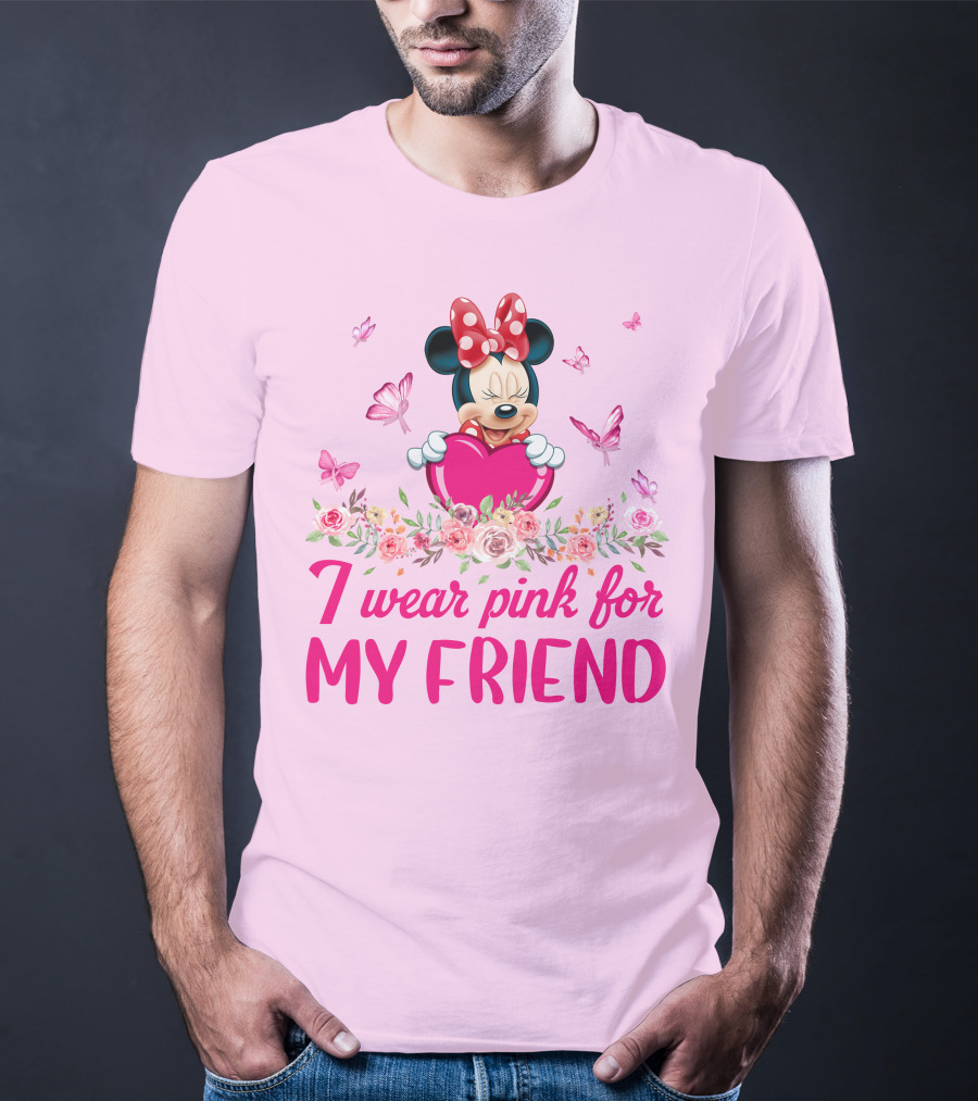 Minnie I Wear Pink For My Friend Floral Heart Butterflies T-Shirt
