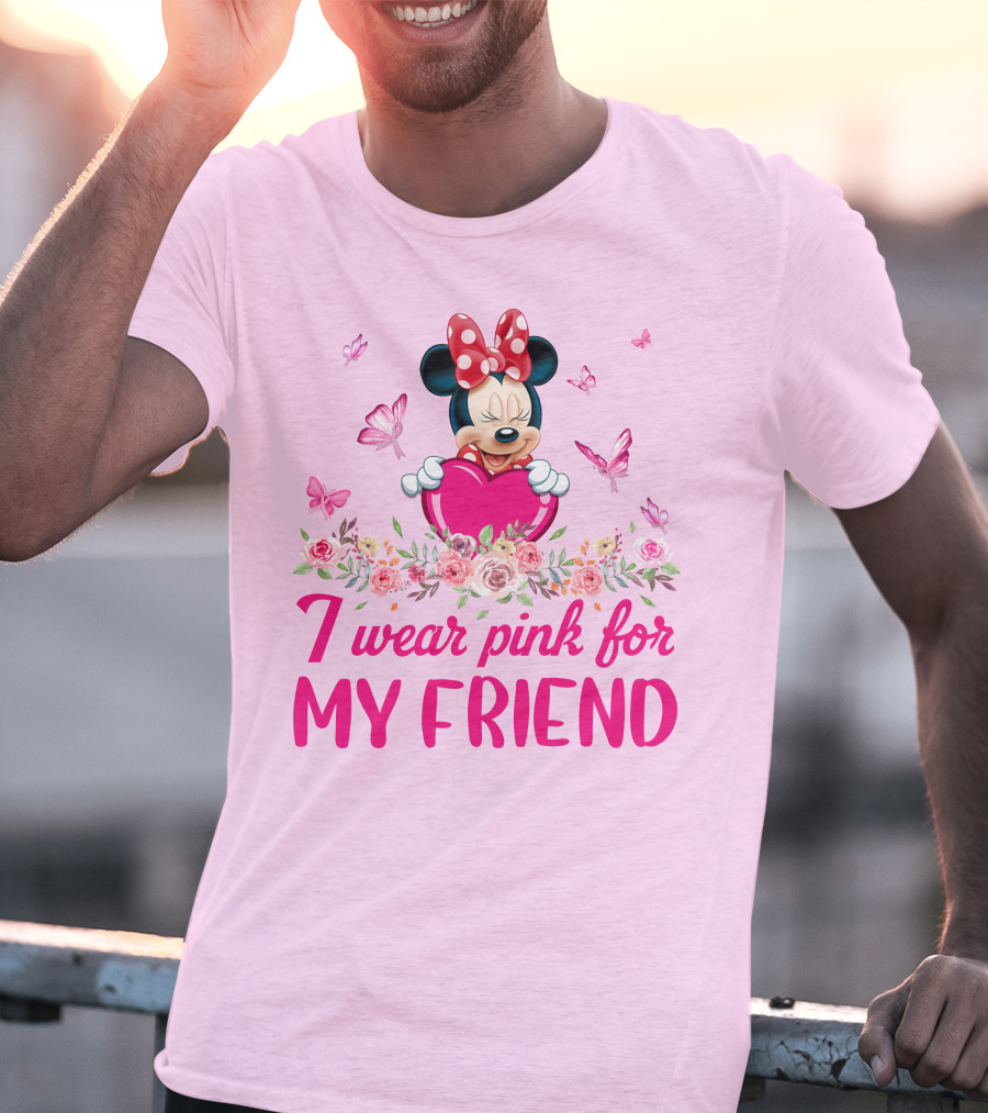 Minnie I Wear Pink For My Friend Floral Heart Butterflies T-Shirt