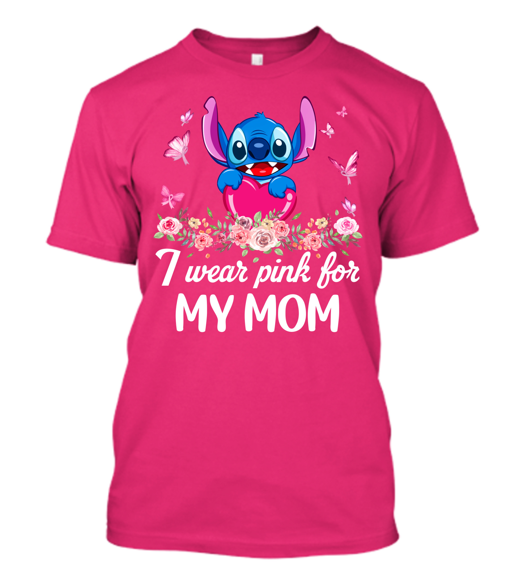 I Wear Pink For My Mom Stitch Floral Butterflies T-Shirt