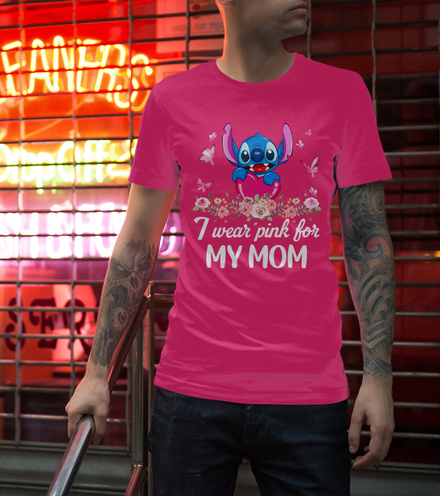 I Wear Pink For My Mom Stitch Floral Butterflies T-Shirt