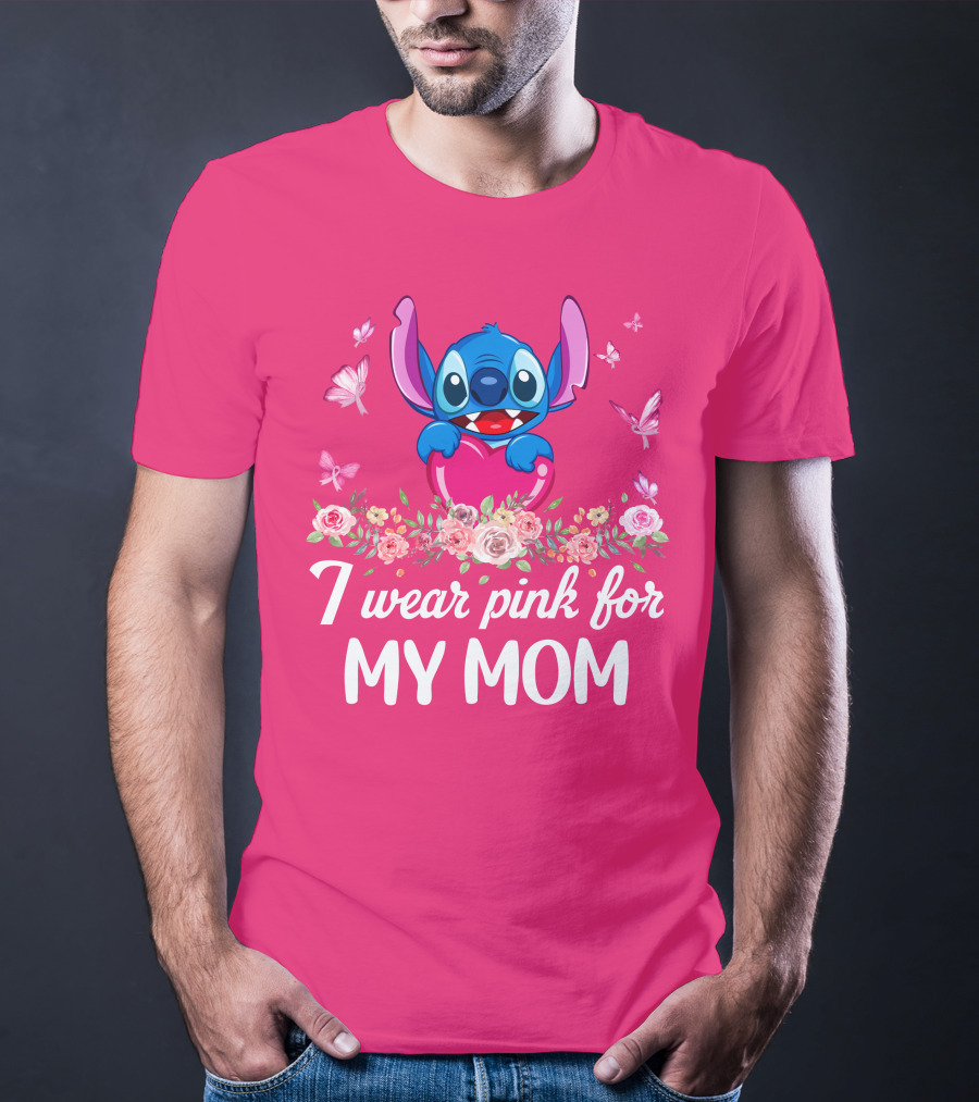 I Wear Pink For My Mom Stitch Floral Butterflies T-Shirt