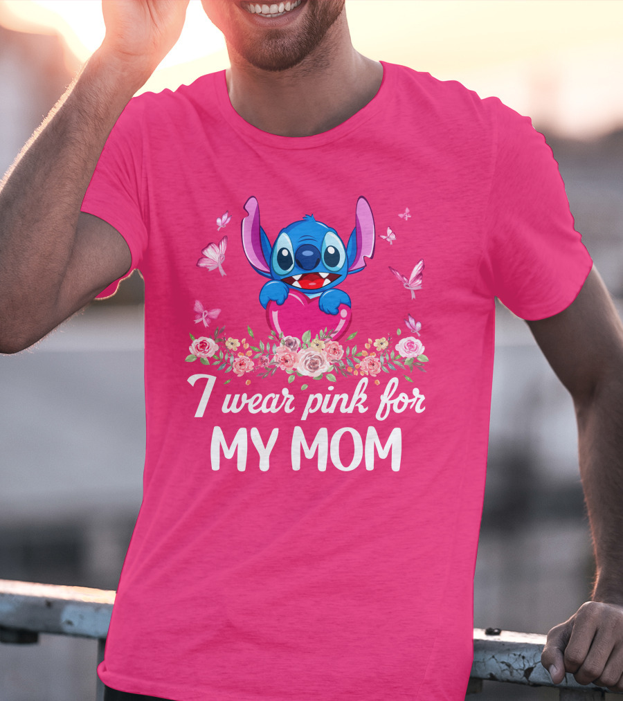 I Wear Pink For My Mom Stitch Floral Butterflies T-Shirt