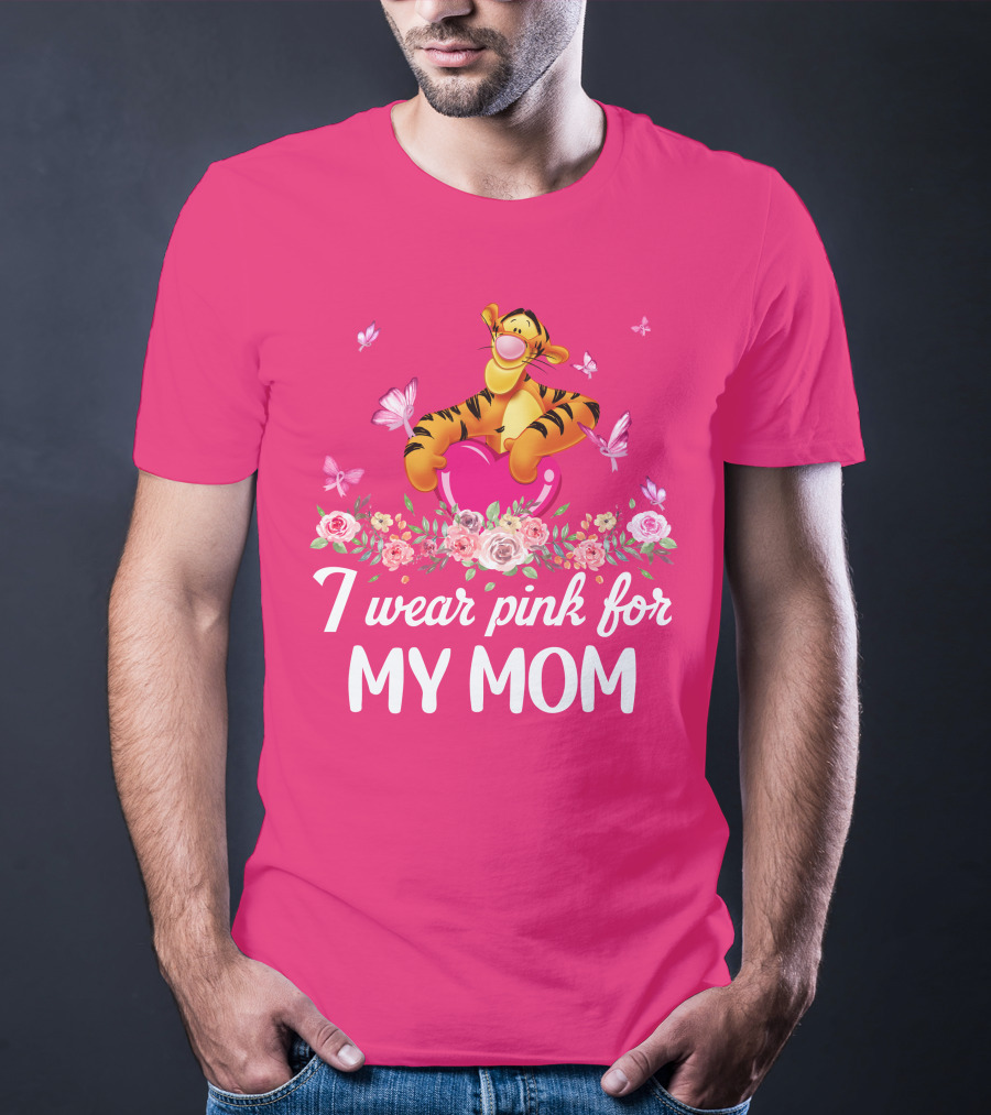 I Wear Pink For My Mom Tigger Butterfly Roses T-Shirt