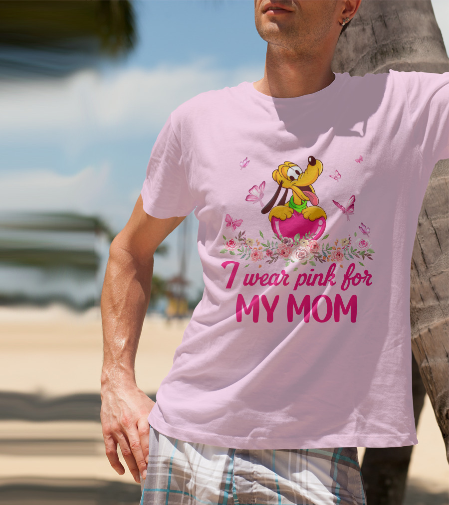 I Wear Pink For My Mom Pluto Floral Butterflies T-Shirt
