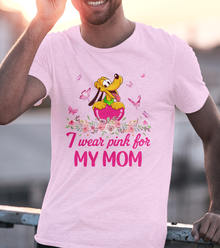 I Wear Pink For My Mom Pluto Floral Butterflies T-Shirt