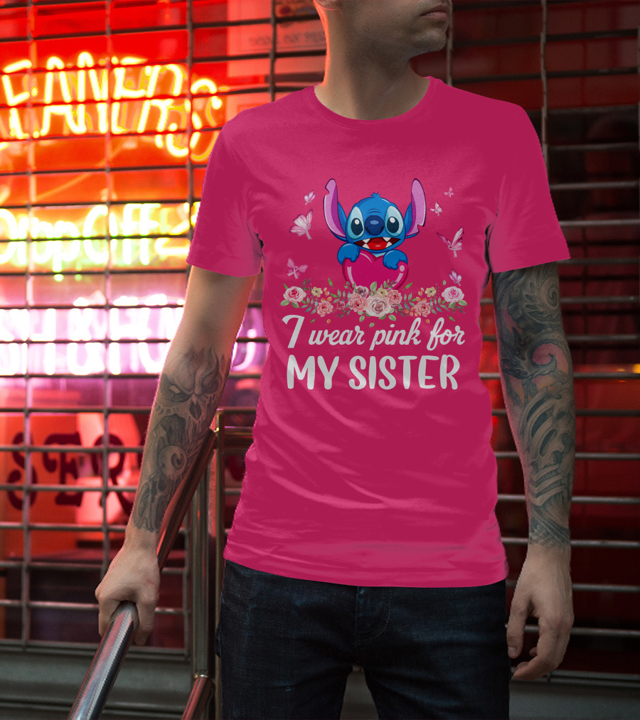 I Wear Pink For My Sister Stitch Butterfly Floral T-Shirt