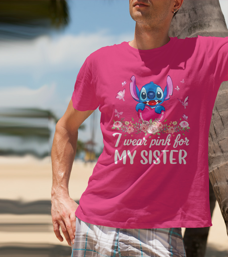 I Wear Pink For My Sister Stitch Butterfly Floral T-Shirt