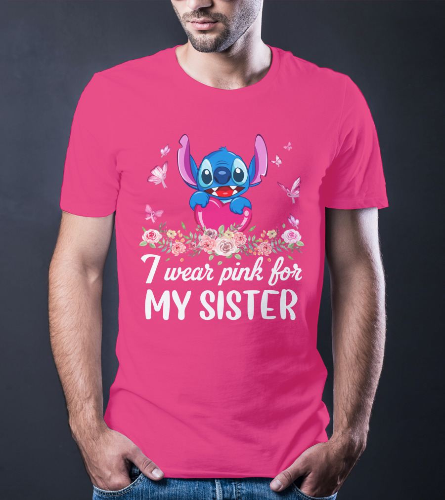 I Wear Pink For My Sister Stitch Butterfly Floral T-Shirt