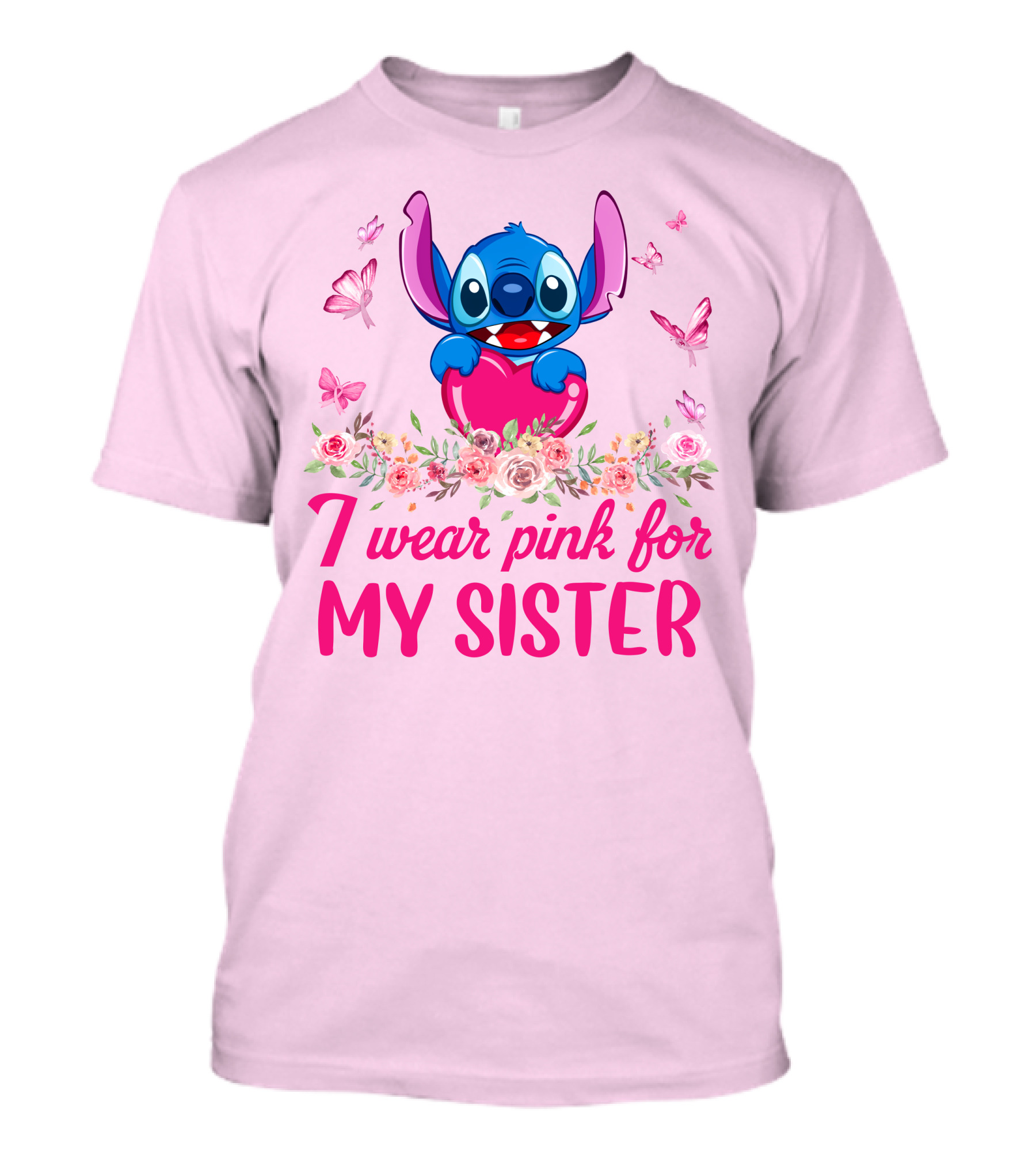 I Wear Pink For My Sister Stitch Butterfly Flower Theme T-Shirt