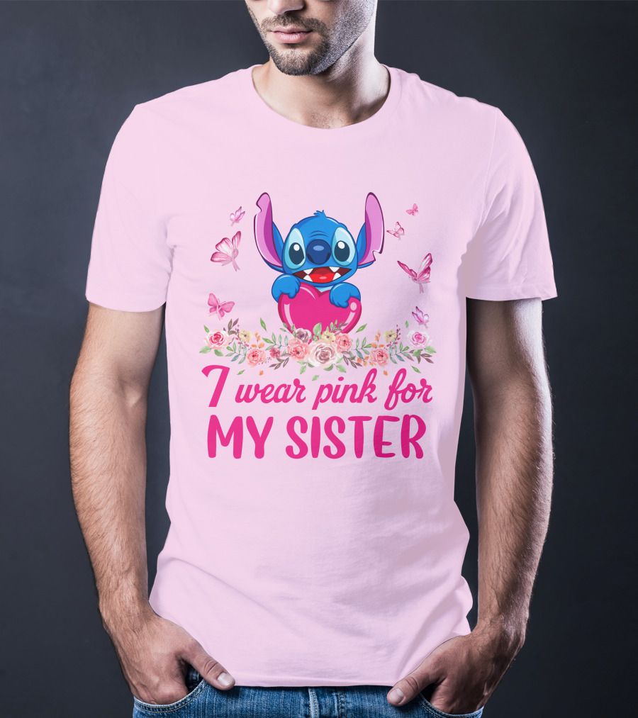 I Wear Pink For My Sister Stitch Butterfly Flower Theme T-Shirt