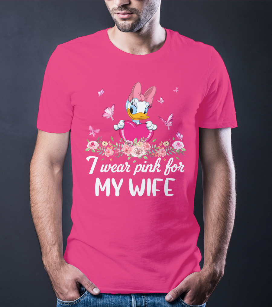 I Wear Pink For My Wife Daisy Roses Butterflies T-Shirt