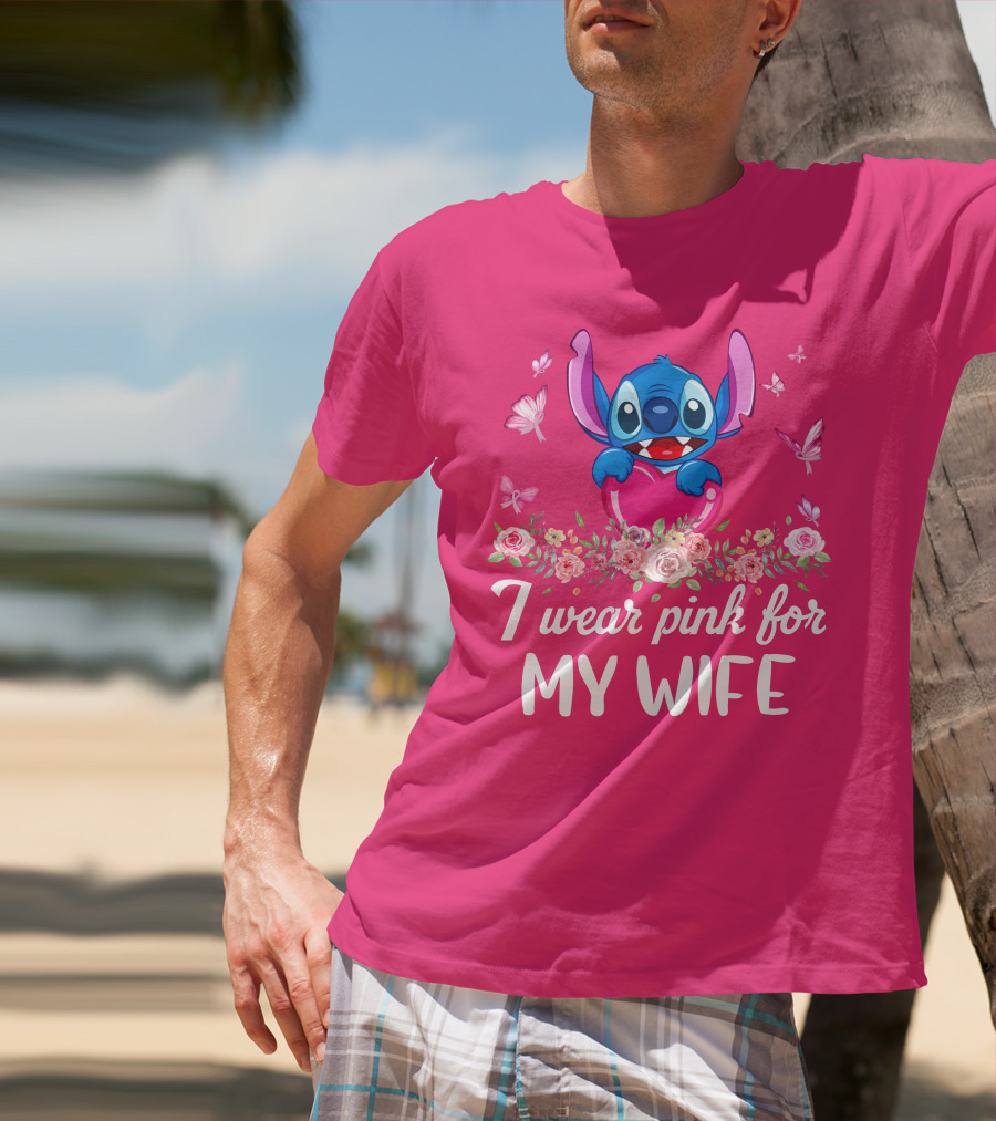 Stitch I Wear Pink For My Wife Butterfly And Floral T-Shirt