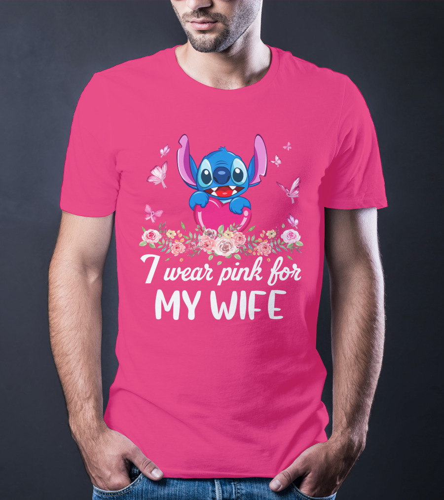 Stitch I Wear Pink For My Wife Butterfly And Floral T-Shirt