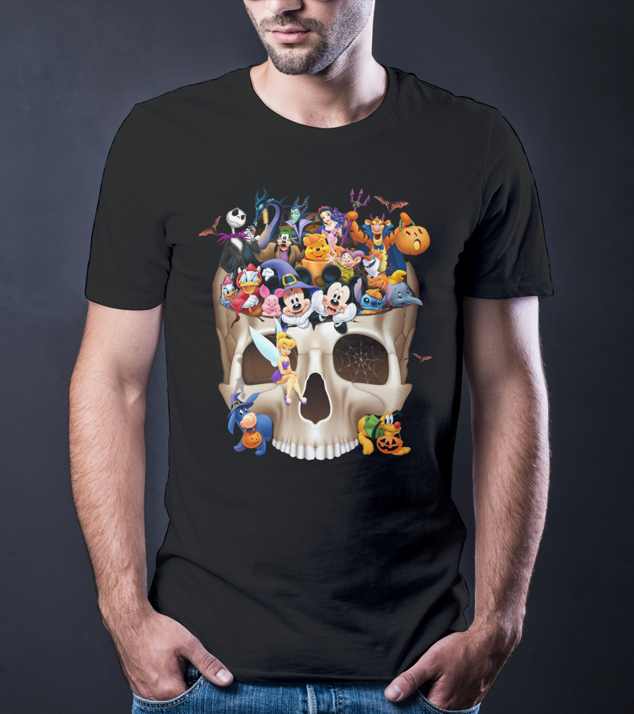 Disney Halloween Skull Characters Mickey Maleficent Jack Skellington Tinker Bell Stitch Donald Goofy T-Shirt