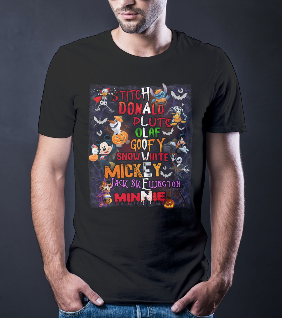 Stitch Donald Pluto Olaf Goofy Snow White Mickey Jack Skellington Minnie Halloween Disney Characters T-Shirt