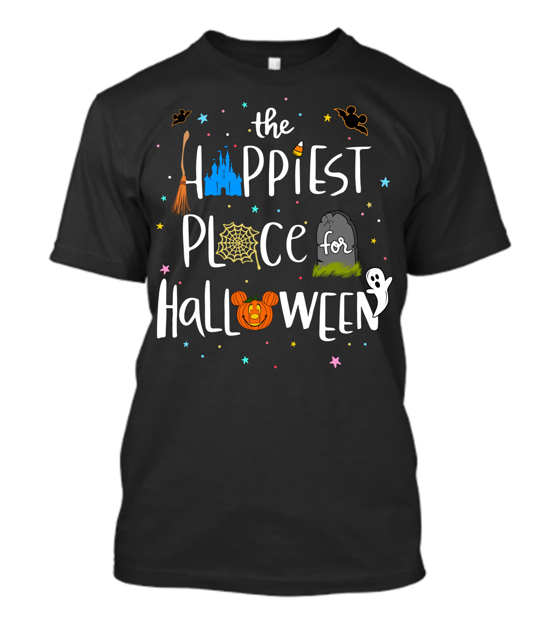 The Happiest Place For Halloween Spooky Castle Mickey Pumpkin Ghost Bats T-Shirt