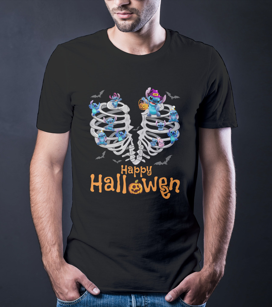 Happy Halloween Stitch Skeleton Ribcage Bats T-Shirt