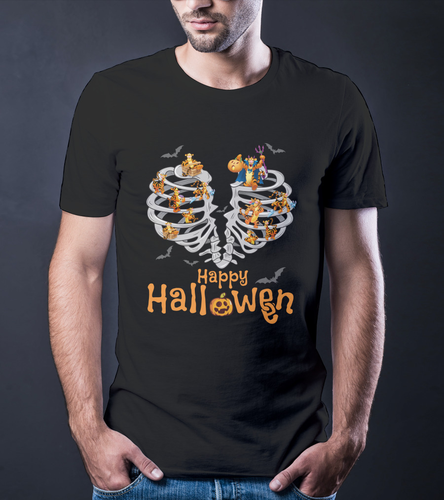 Happy Halloween Tigger Skeleton Ribcage Bat Pumpkin T-Shirt