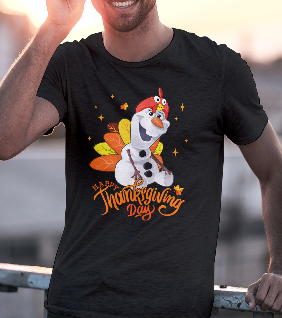 Happy Thanksgiving Day Olaf Snowman With Turkey Leaves And Stars T-Shirt